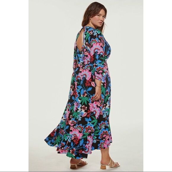 NEW Anthropologe Maeve Ruched V-Neck Black Floral High-Low Maxi Dress Size 14 - Picture 6 of 10